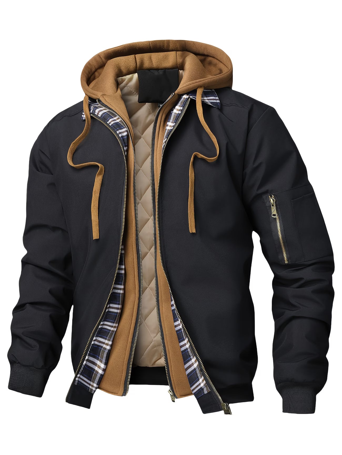 Chaqueta con Capucha y Cremallera para Hombre - Corte Holgado Casual, Marrón y Patrón a Cuadros, Capucha con Cordón, Mangas Largas, Forro, Perfecta para Primavera, Otoño e Invierno, Chaqueta de Otoño Invierno | Chaqueta con Patrón de Cuadros | Chaqueta co