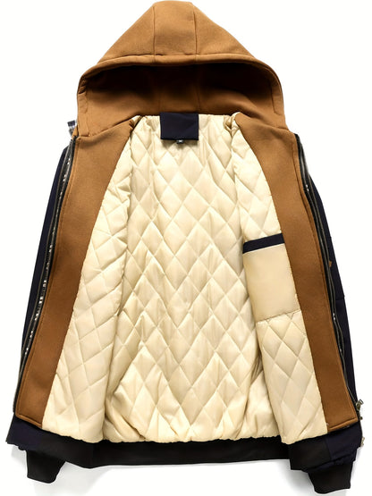 Chaqueta con Capucha y Cremallera para Hombre - Corte Holgado Casual, Marrón y Patrón a Cuadros, Capucha con Cordón, Mangas Largas, Forro, Perfecta para Primavera, Otoño e Invierno, Chaqueta de Otoño Invierno | Chaqueta con Patrón de Cuadros | Chaqueta co