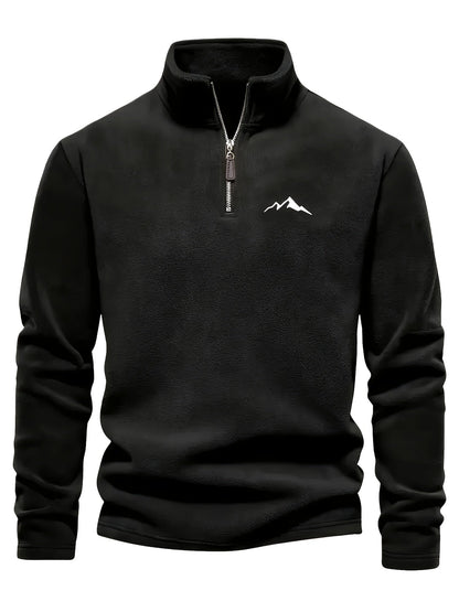 Chaqueta de forro polar grueso para hombre, con cremallera de 1/4, estilo otoño e invierno, con cuello alto pequeño y bordado de montaña