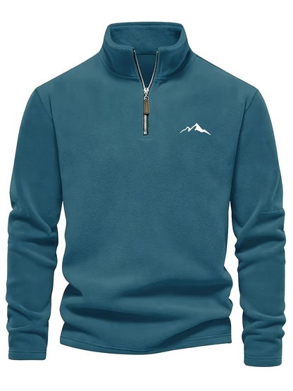 Chaqueta de forro polar grueso para hombre, con cremallera de 1/4, estilo otoño e invierno, con cuello alto pequeño y bordado de montaña