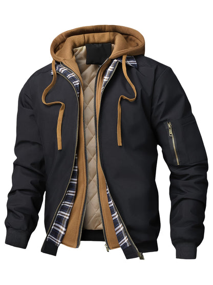 Chaqueta con Capucha y Cremallera para Hombre - Corte Holgado Casual, Marrón y Patrón a Cuadros, Capucha con Cordón, Mangas Largas, Forro, Perfecta para Primavera, Otoño e Invierno, Chaqueta de Otoño Invierno | Chaqueta con Patrón de Cuadros | Chaqueta co