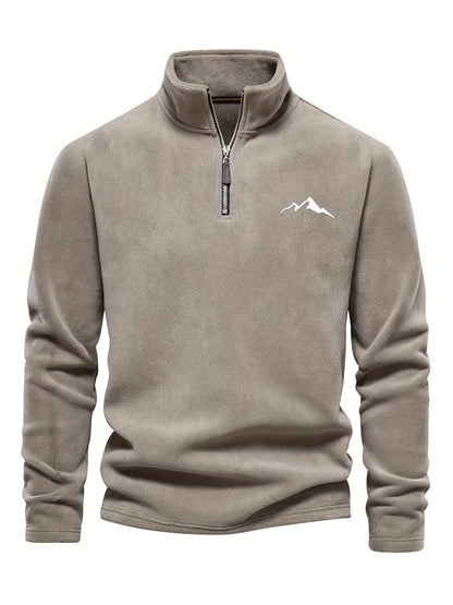 Chaqueta de forro polar grueso para hombre, con cremallera de 1/4, estilo otoño e invierno, con cuello alto pequeño y bordado de montaña