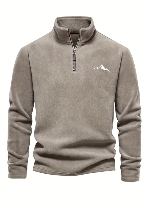 Chaqueta de forro polar grueso para hombre, con cremallera de 1/4, estilo otoño e invierno, con cuello alto pequeño y bordado de montaña