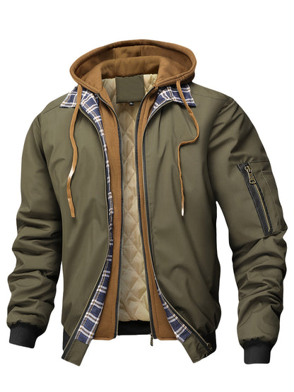 Chaqueta con Capucha y Cremallera para Hombre - Corte Holgado Casual, Marrón y Patrón a Cuadros, Capucha con Cordón, Mangas Largas, Forro, Perfecta para Primavera, Otoño e Invierno, Chaqueta de Otoño Invierno | Chaqueta con Patrón de Cuadros | Chaqueta co