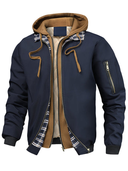 Chaqueta con Capucha y Cremallera para Hombre - Corte Holgado Casual, Marrón y Patrón a Cuadros, Capucha con Cordón, Mangas Largas, Forro, Perfecta para Primavera, Otoño e Invierno, Chaqueta de Otoño Invierno | Chaqueta con Patrón de Cuadros | Chaqueta co