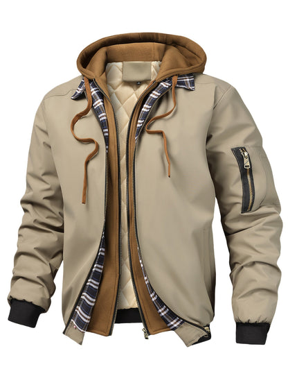 Chaqueta con Capucha y Cremallera para Hombre - Corte Holgado Casual, Marrón y Patrón a Cuadros, Capucha con Cordón, Mangas Largas, Forro, Perfecta para Primavera, Otoño e Invierno, Chaqueta de Otoño Invierno | Chaqueta con Patrón de Cuadros | Chaqueta co