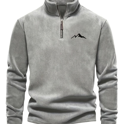 Chaqueta de forro polar grueso para hombre, con cremallera de 1/4, estilo otoño e invierno, con cuello alto pequeño y bordado de montaña