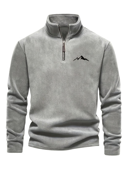 Chaqueta de forro polar grueso para hombre, con cremallera de 1/4, estilo otoño e invierno, con cuello alto pequeño y bordado de montaña